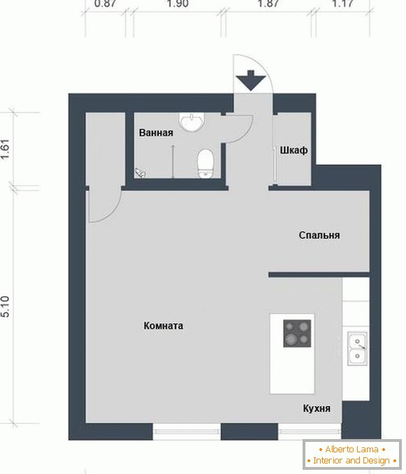 Разпределение на апартамента 42 квадратни метра. м.