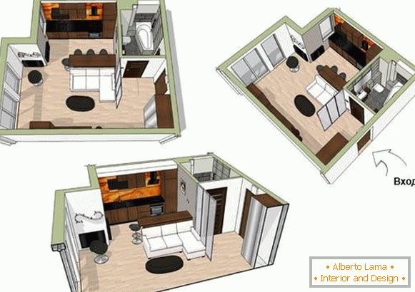 Планът на малък апартамент от 34 квадратни метра. м.