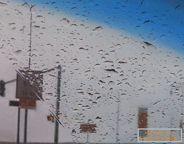 Изглед от колата в дъжда, маслена живопис