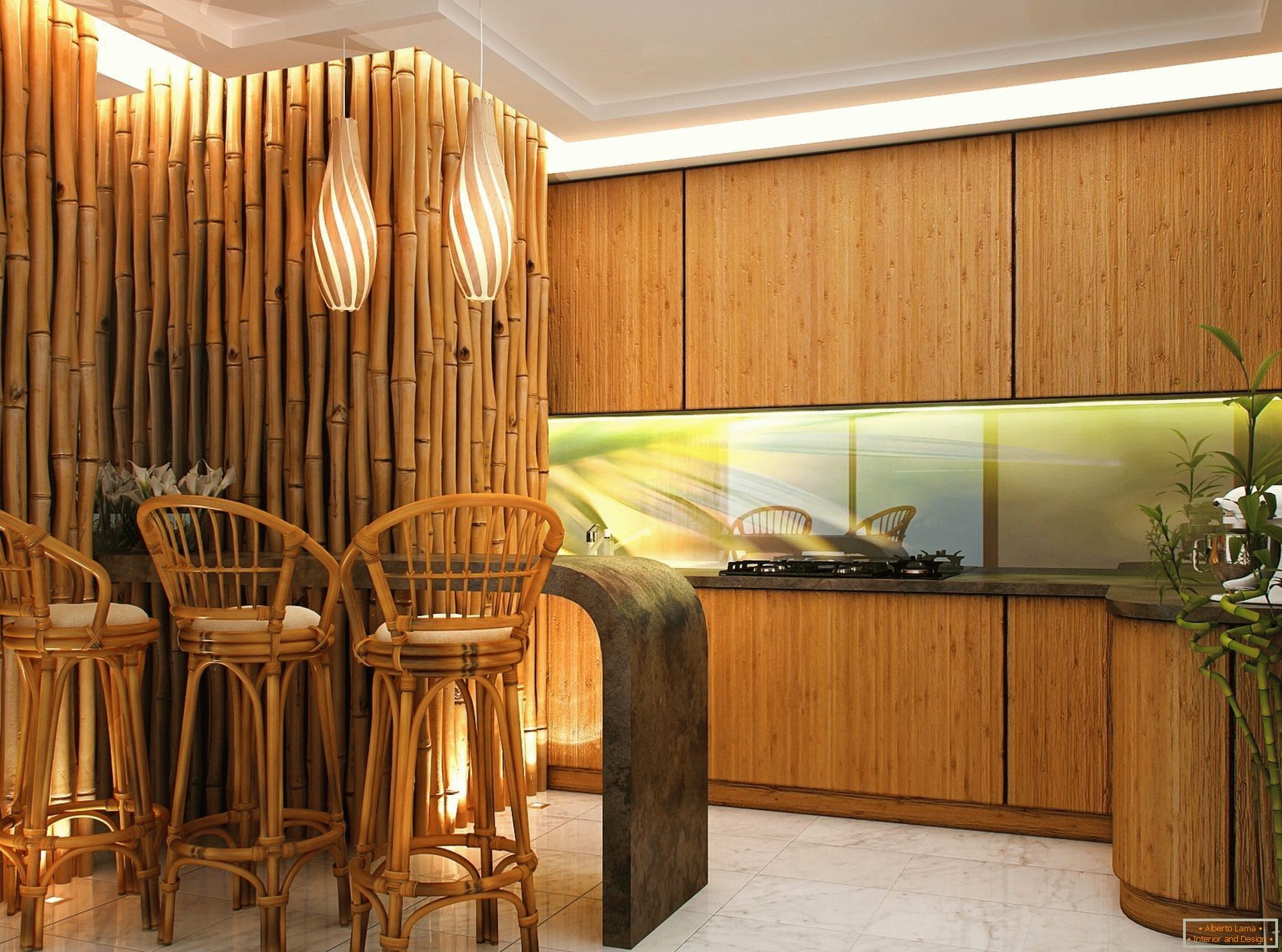 Стените и столовете са изработени от бамбук