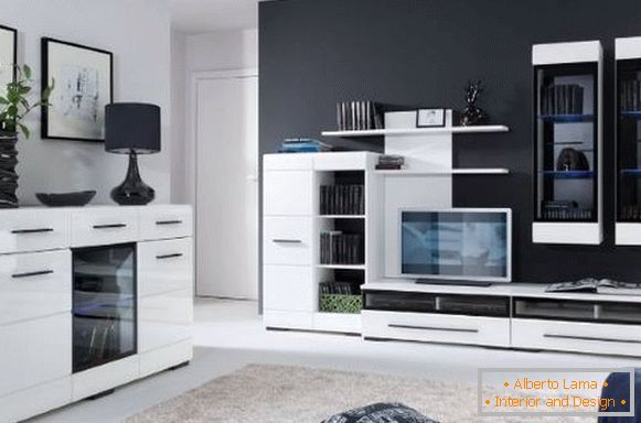 Модерни мебели за дневна - бял блясък на черен фон