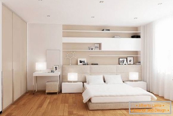 Модерен дизайн на бяла спалня с топъл под