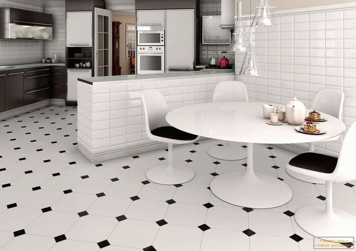 Бели и черни плочки на пода на кухнята