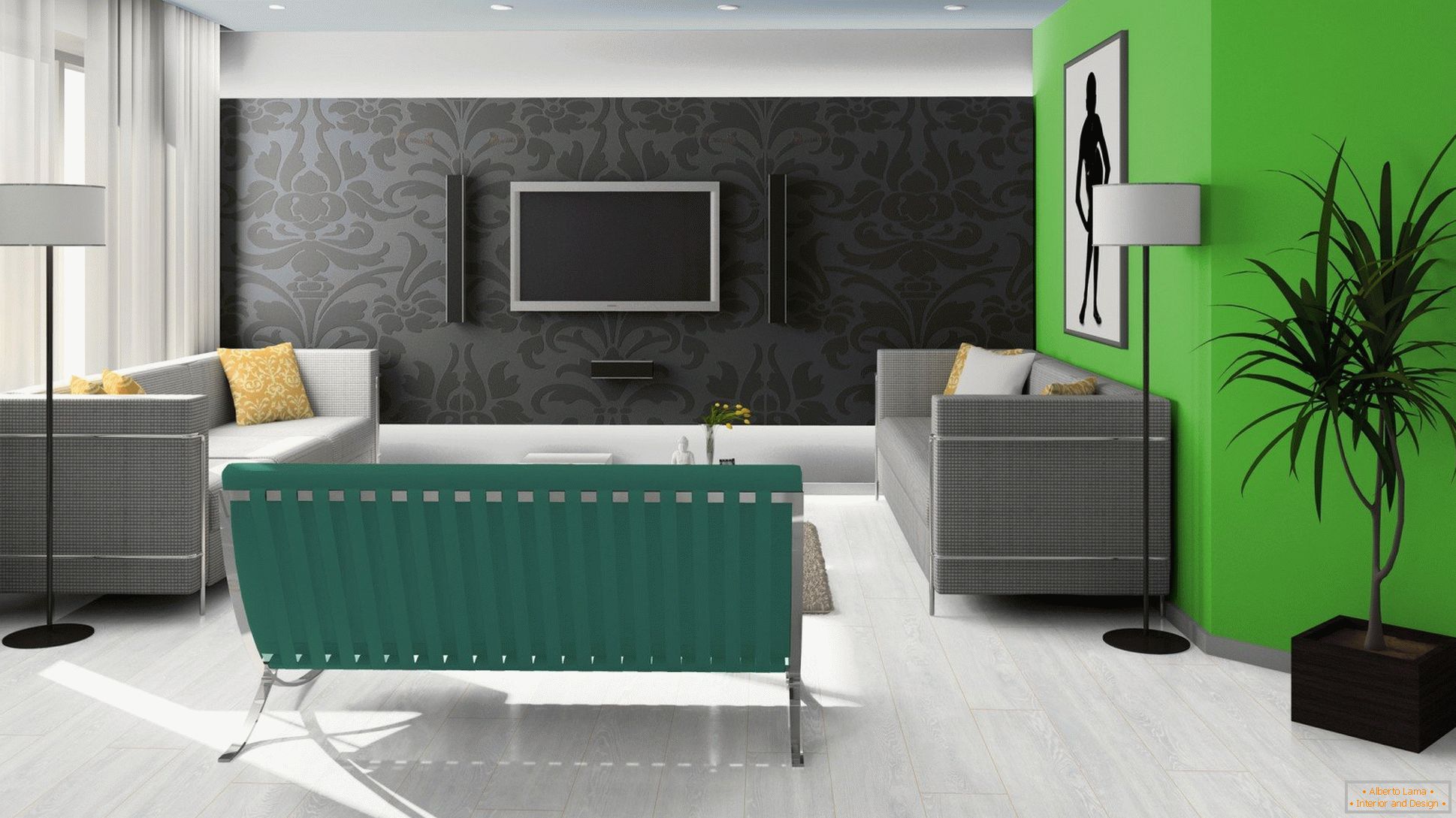 Черно, зелено и бяло в дизайна на всекидневната