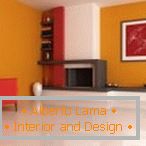 Комбинацията от оранжево, червено и бяло в дизайна на всекидневната