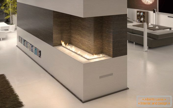Дизайнът на био-камината с огнеупорни тръби позволява на дизайнера да постави ергономично камината във вътрешността на хола.