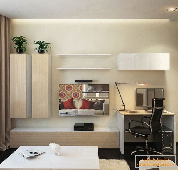 Дизайнерски интериор на едностаен апартамент за млада двойка