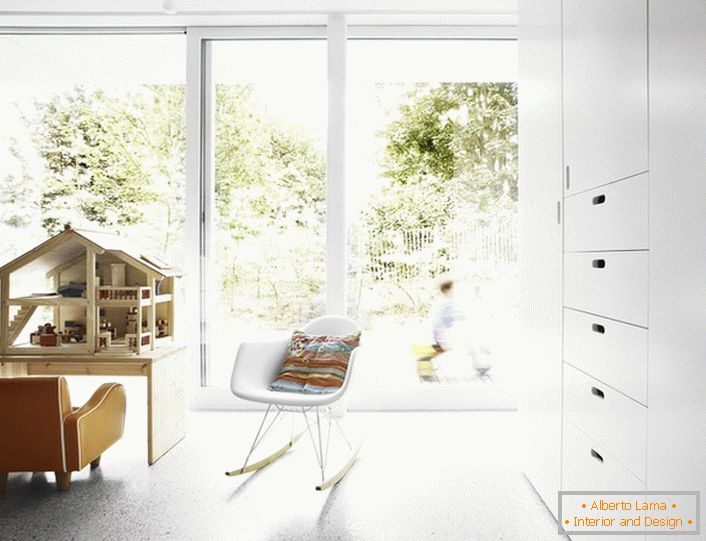 Подът и стените в детската стая в минималистичен стил трябва да бъдат монофонични. Тъй като осветлението е най-добре да се използва малък таван полилей или LED място осветление. 