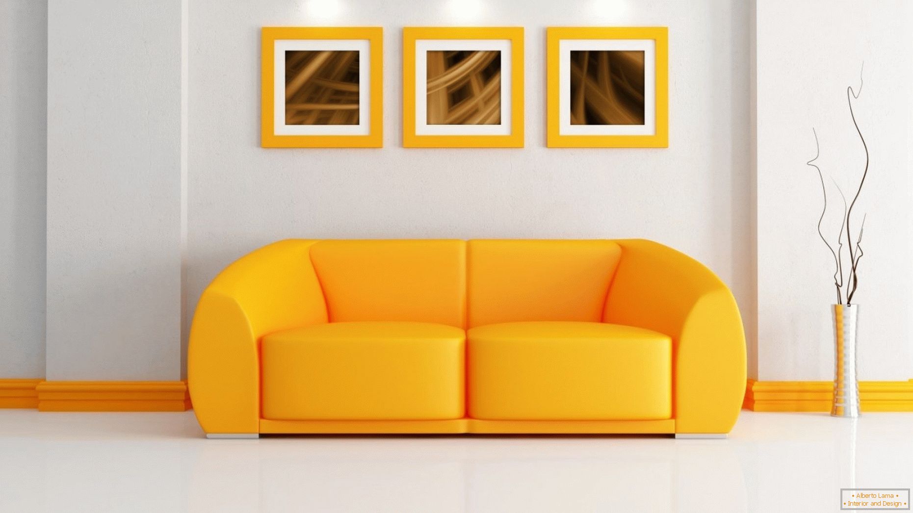Ясен интериор с оранжев диван