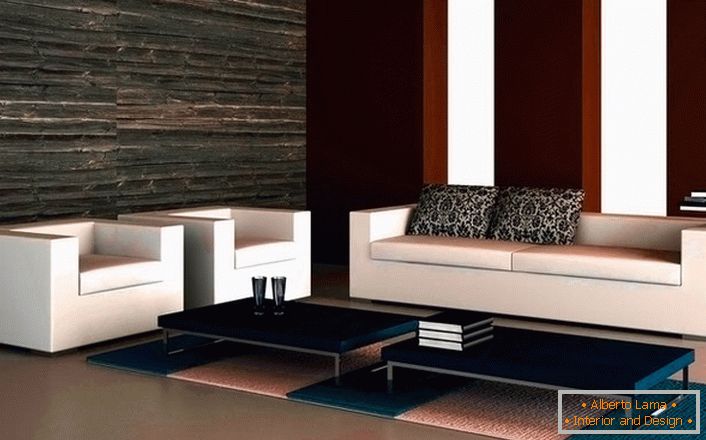 Дизайн на хол в хай-тек стил. Лаконичният диван с два фотьойла изглежда хармонично в минималистичен стил. 