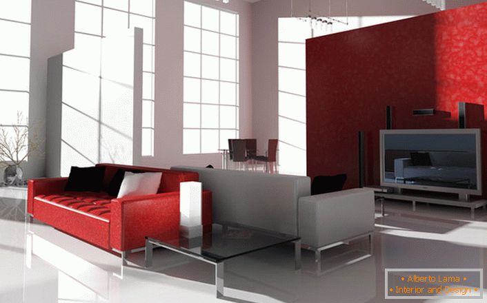 Контрастиращият червен цвят в хай-тек стил е интересен и търсещ. Ярко червеният диван на хромните крака е идеален за декориране на модерен интериор.