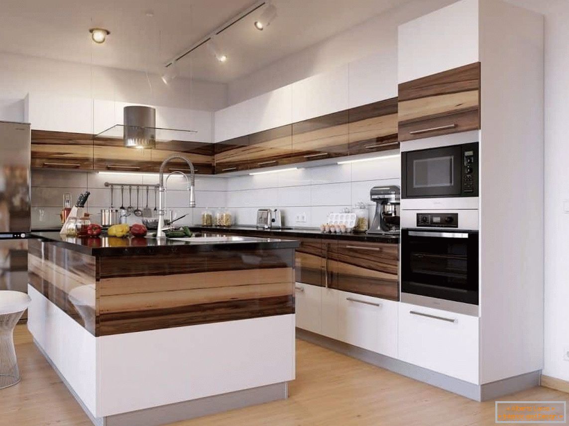 Ъглова кухня в комбинация от дървени и бели фасади с остров