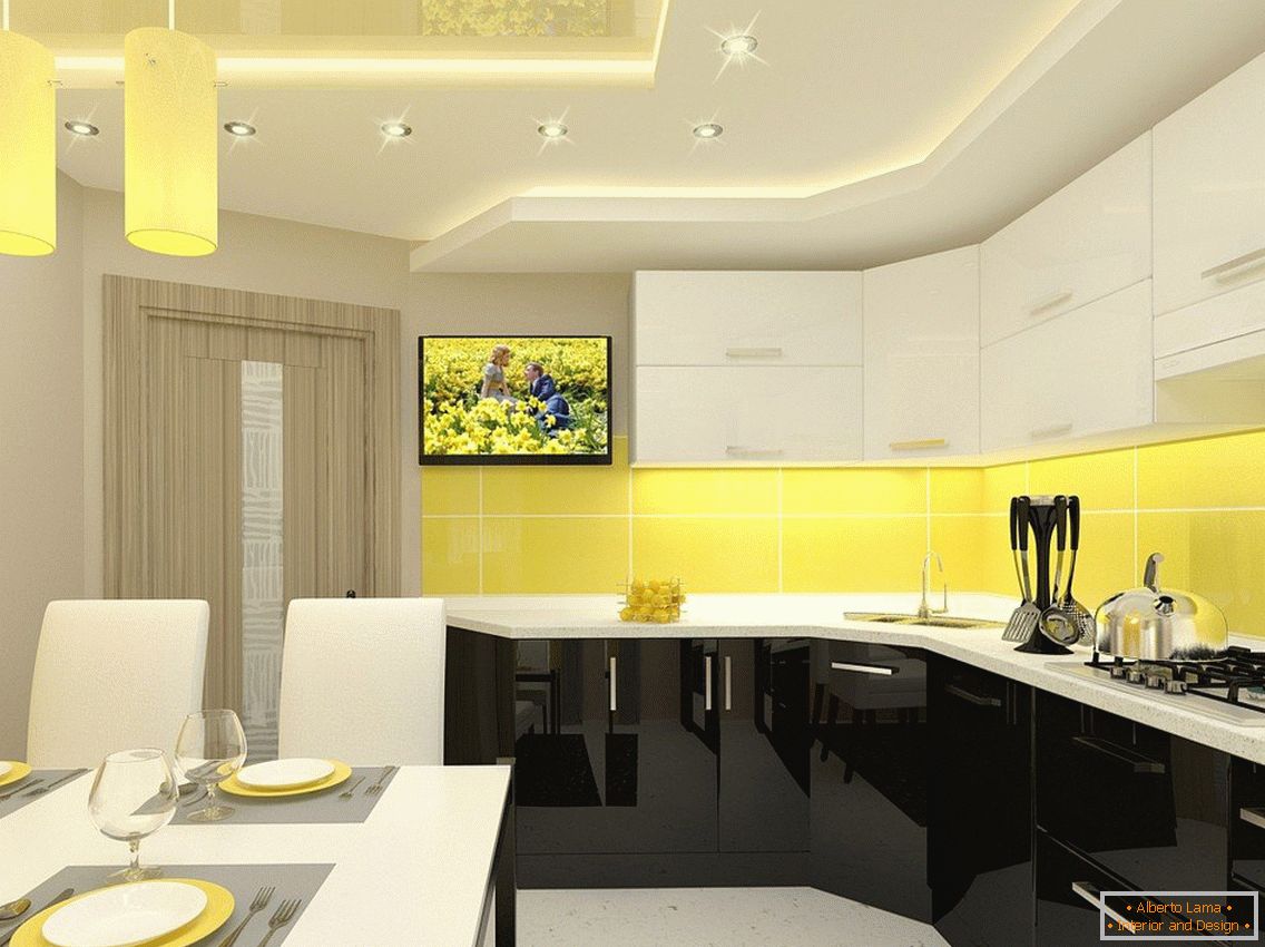 Жълта кухня и бели мебели