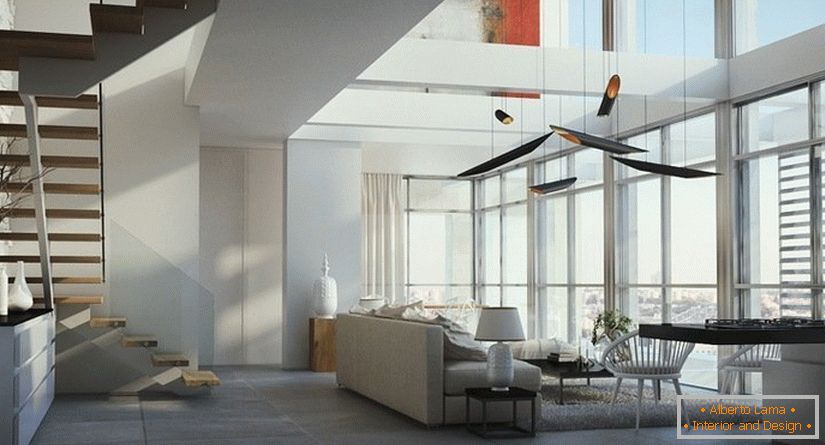 Големи прозорци - една от дизайнерските характеристики на апартамент на две нива