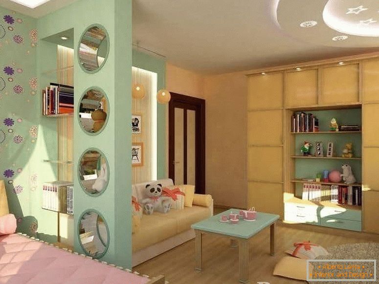 Детската стая и всекидневната в една стая са разделени със стени от гипсокартон