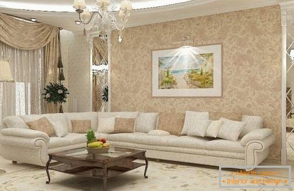 Класически дизайн на хола в частна къща в бели и бежови цветове