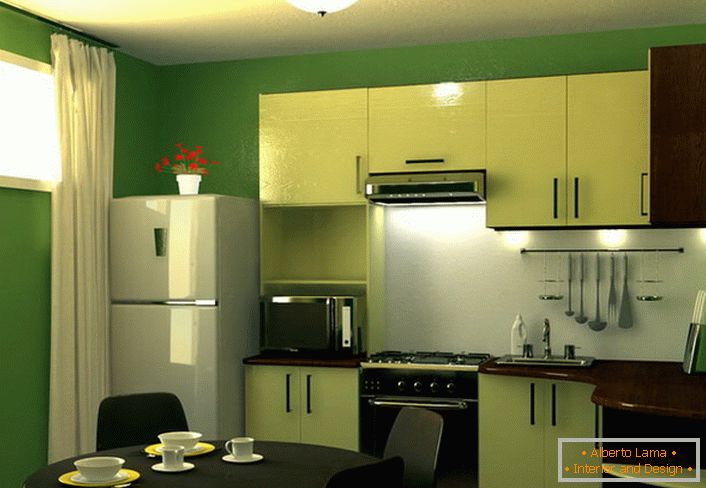 Зеленото е цветът на спокойствието и хармонията. Кухня с площ 9 кв. М в тази цветова схема - отлично решение за проектирането на всеки градски апартамент.