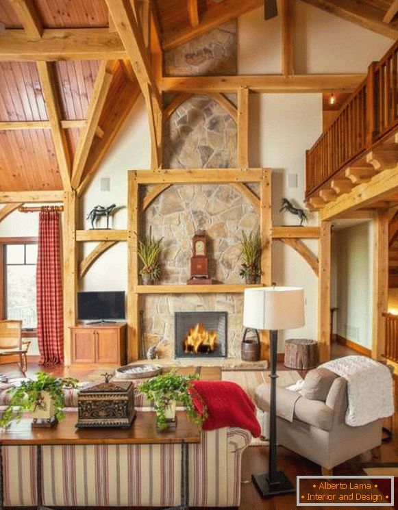 Интериорен дизайн на къщата от дървесината - снимка на хола