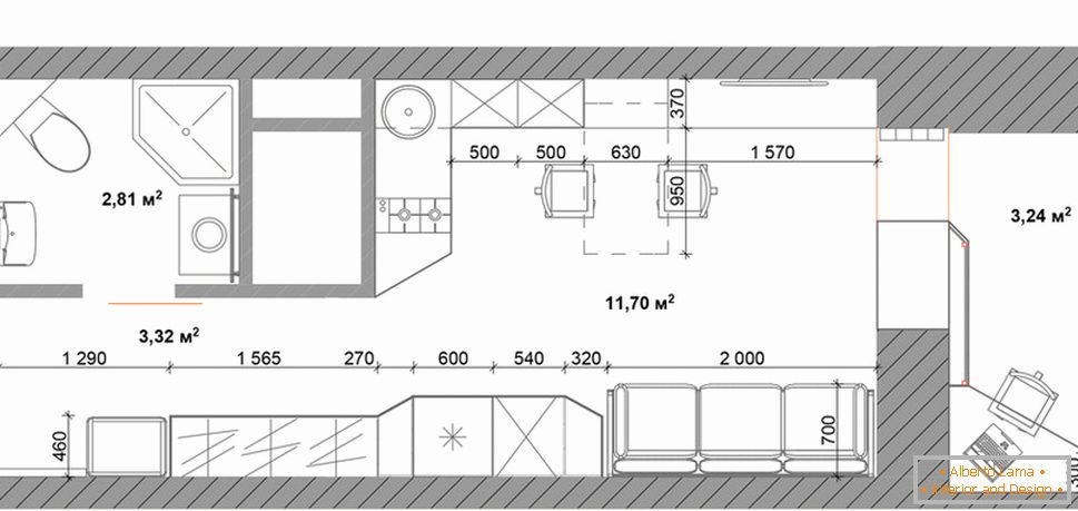 Разпределение на апартамента 30 квадратни метра. м в естествени цветове с мебели