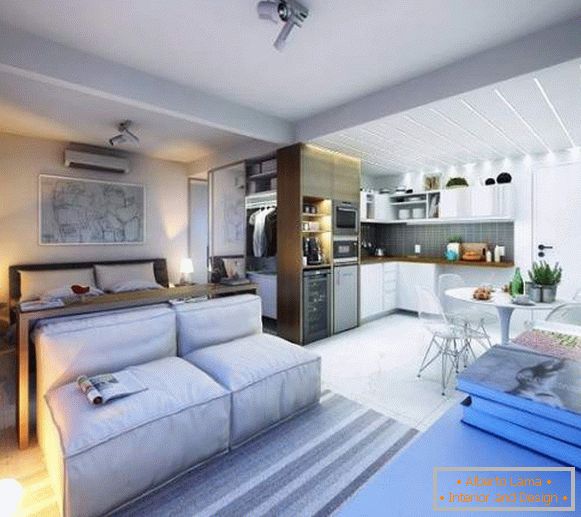 Идеи за проектиране на студио апартаменти 30 кв м - снимка на хол, спалня и кухня