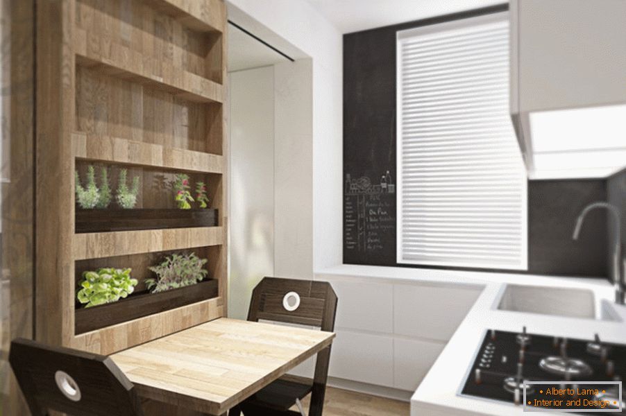 Дизайнерски трансформатор за апартамент: багажник с растения в кухнята