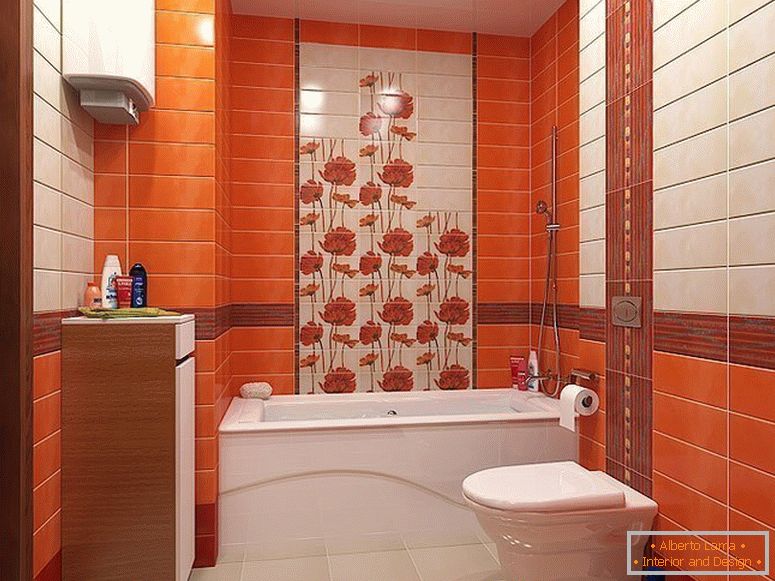 Оранжеви плочки във вътрешността на малка баня