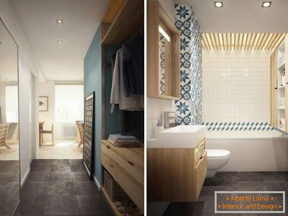 Снимка на антре и баня в дизайна на апартамент от 40 кв.м.