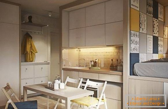 Модерен дизайн на едностаен апартамент от 40 кв. М - снимка на кухня и спалня