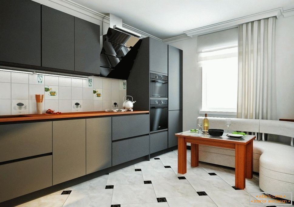 Черните мебели и бял ъгъл в кухнята