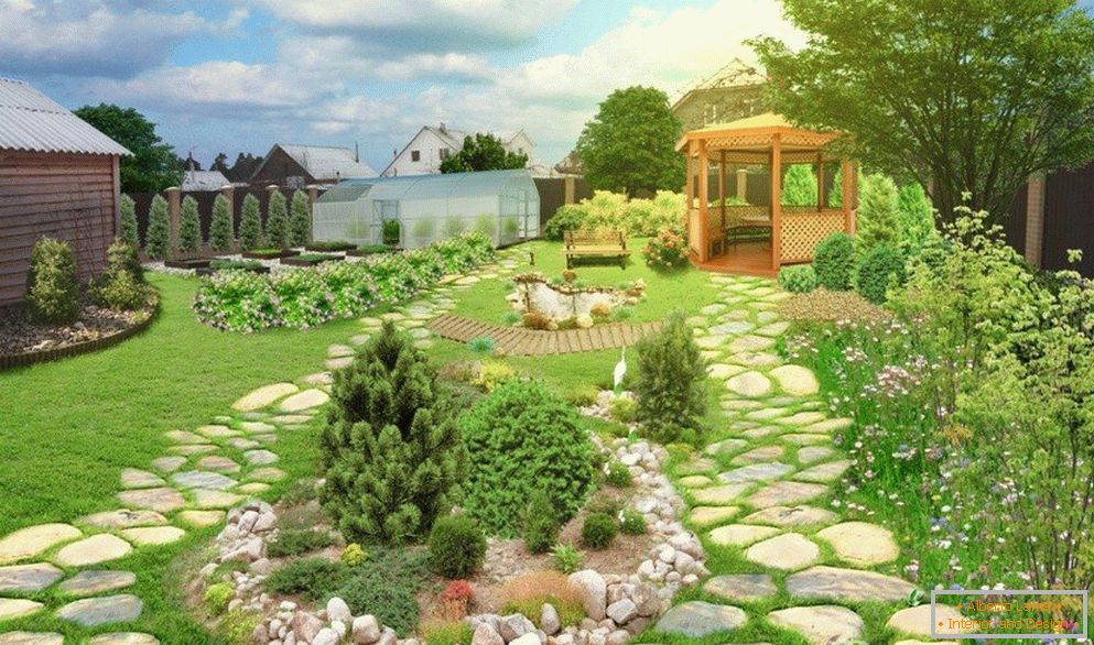 Градина с пергола и каменни пътеки