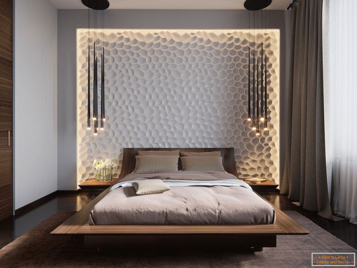 3D панели на стената на спалнята с осветление