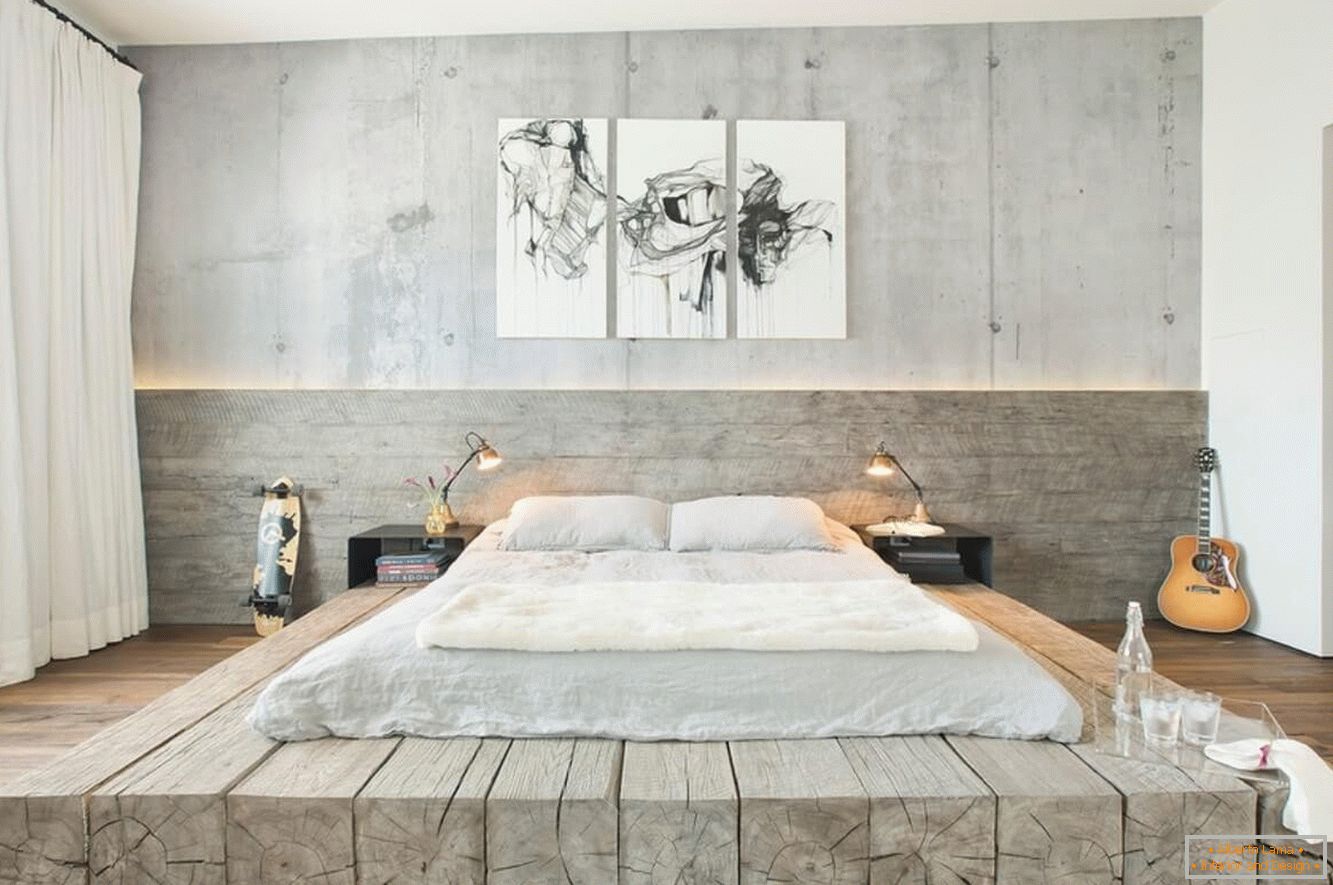 Дървен материал и бетон в спалнята