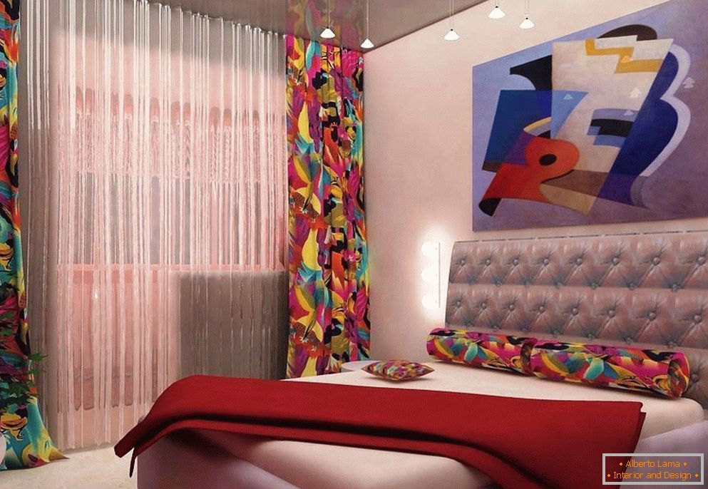 Комбинацията от текстил и картини в спалнята
