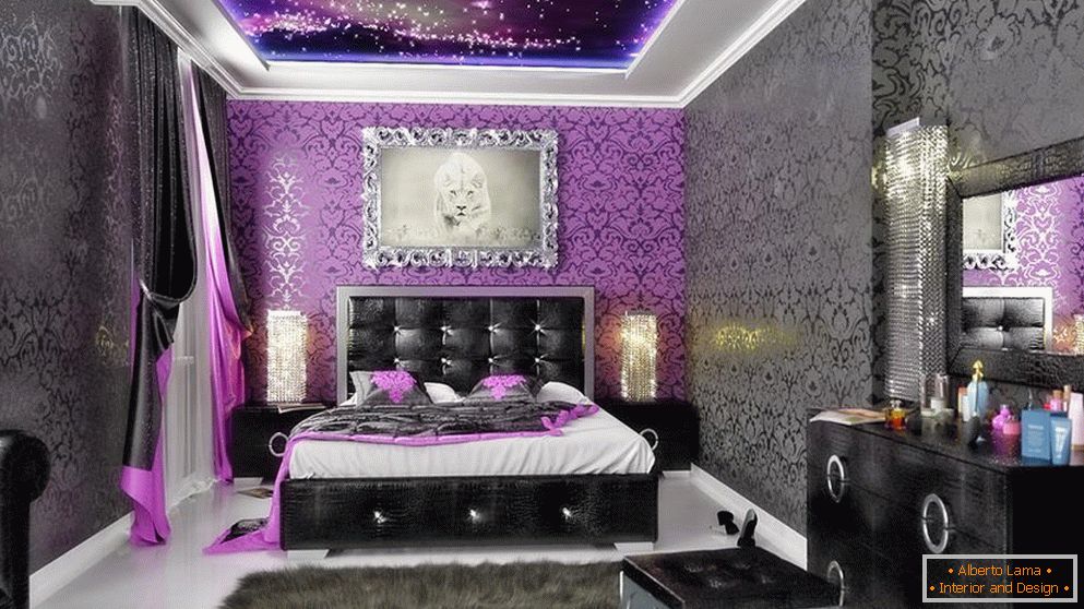 Черно и лилаво тапет в спалнята