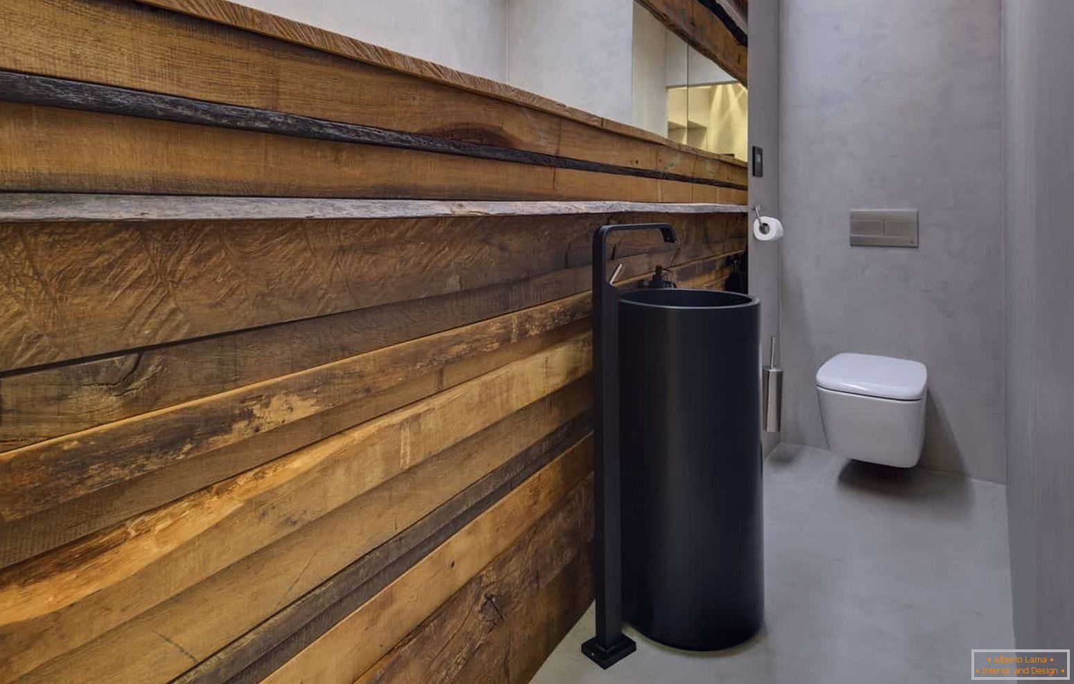Модерен дизайн на малка тоалетна в еко-стил с необичайна обвивка