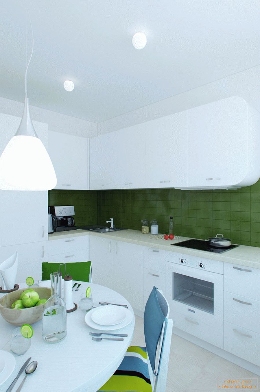 Дизайн на кухненски интериор в бял и зелен цвят