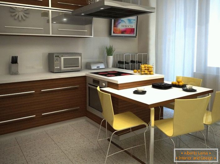 Проектиран проект за кухненска площ от 12 квадратни метра. Правилно избраният вариант на мебелите позволява да се спести полезно пространство.