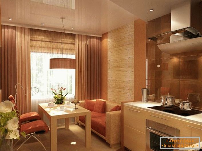 Луксозна кухня за малък апартамент в стил Ар Нуво. 12 квадрата могат да бъдат просторни и леки.