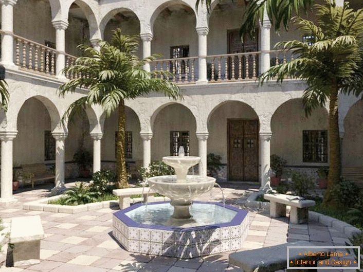 Най-добрата украса за двор в средиземноморски стил е фонтан. Стилен, многоетажен фонтан с малки размери в зоната за отдих.
