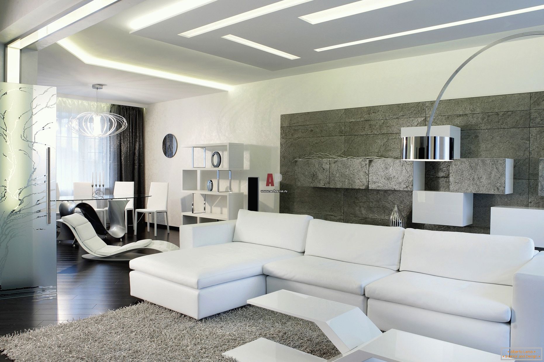 Белият интериор на гостите на стаята в минималистичен стил е забележителен за модерен, смел дизайн с харесващ хай-тек.