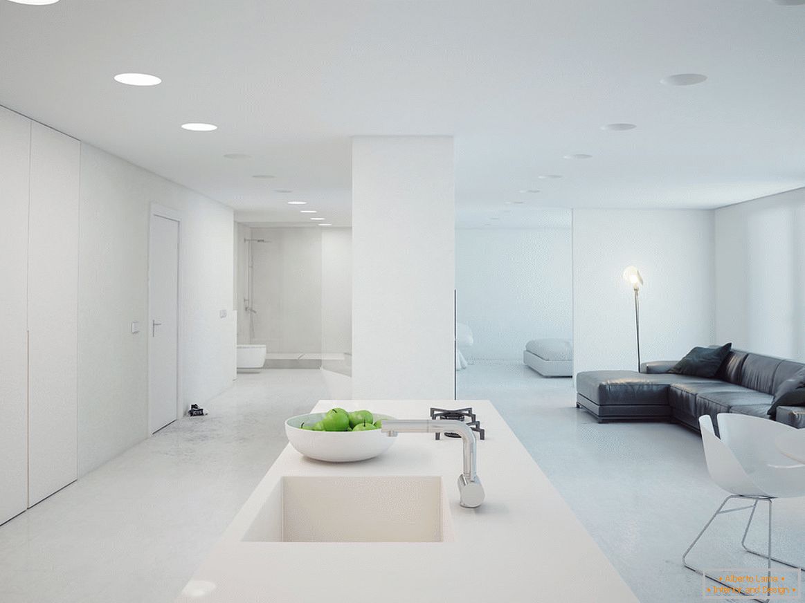 Между кухнята и хола практически няма бариери, отсъствието на което прави стаята визуално по-просторна.