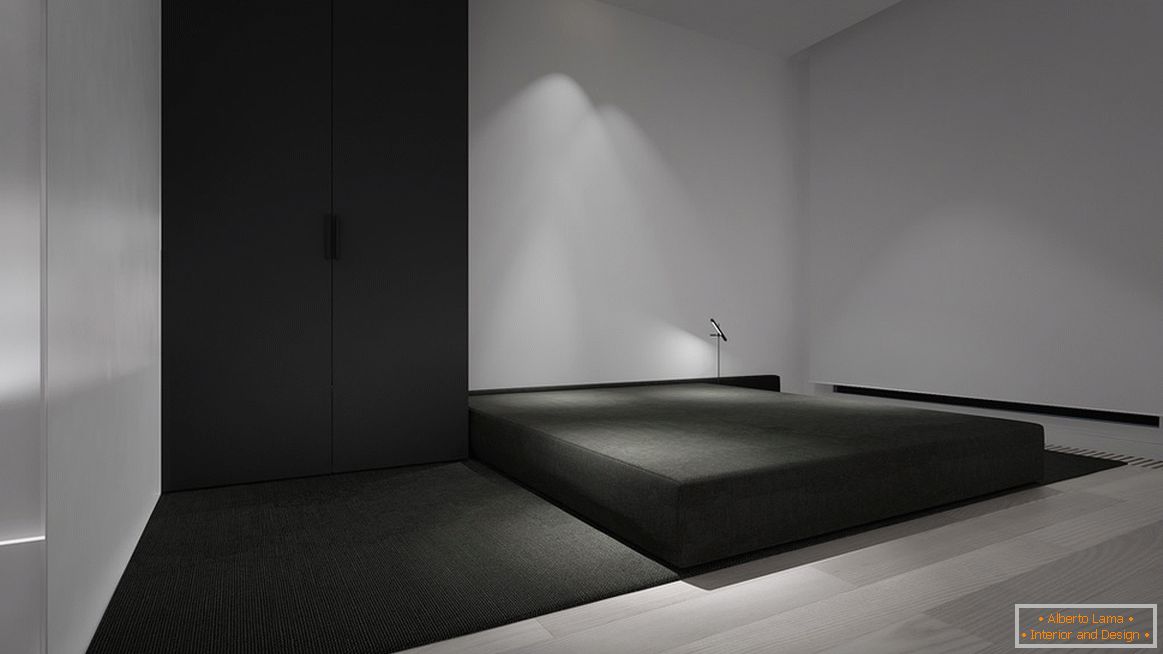 Спалнята в стила на минимализма е най-яркият пример за дизайн. Основната характеристика е минималният брой мебели.
