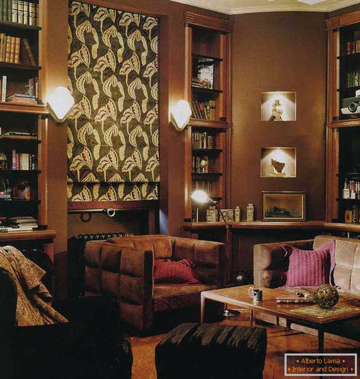 Стилна стая за гости в стила на еклектизма. Заглушена светлина и проектор за любителите на старото кино.