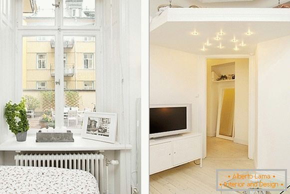 Интериор на комфортна спалня и хол в Швеция