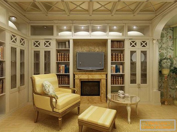 Светла стая за гости в провинциален стил с подходящо избрано осветление. В интериора, в най-добрите традиции на страната, се използват елементи от дървесен декор.