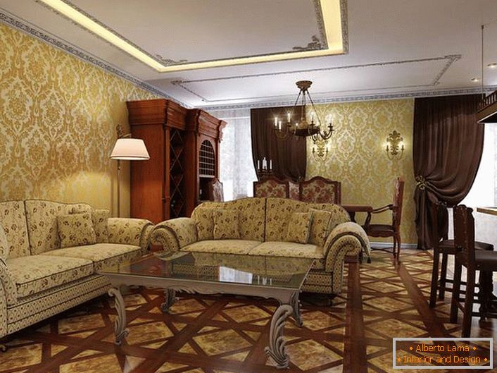 Светла стая за гости с контрастни тъмнокафяви дървени мебели.