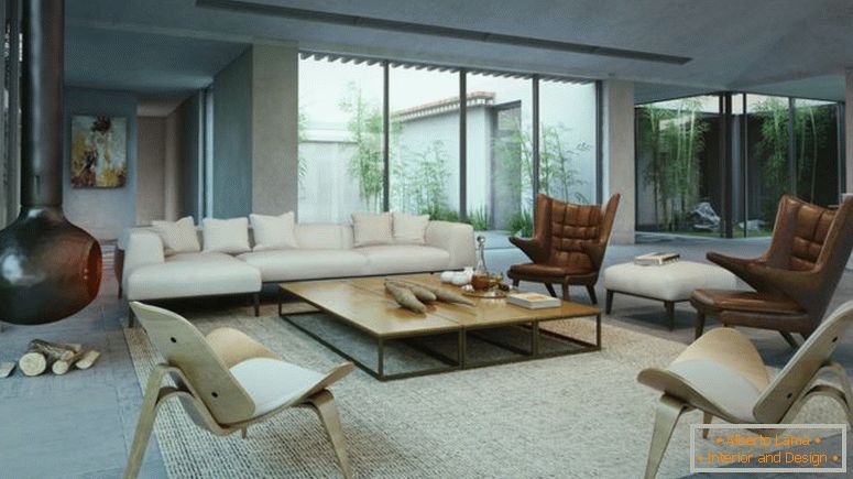 модерен стил-диван-с дървена-кафе-маса-също кафяво крило-стол и камина