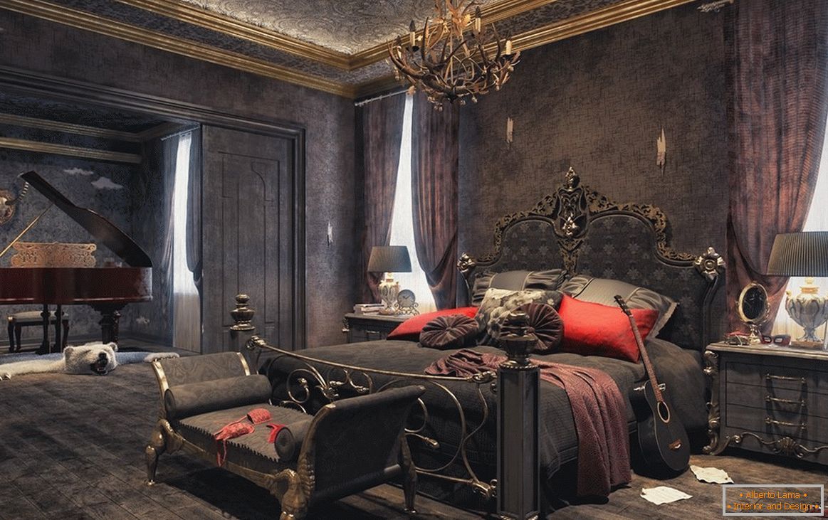 Спалня в готически стил в темных тонах