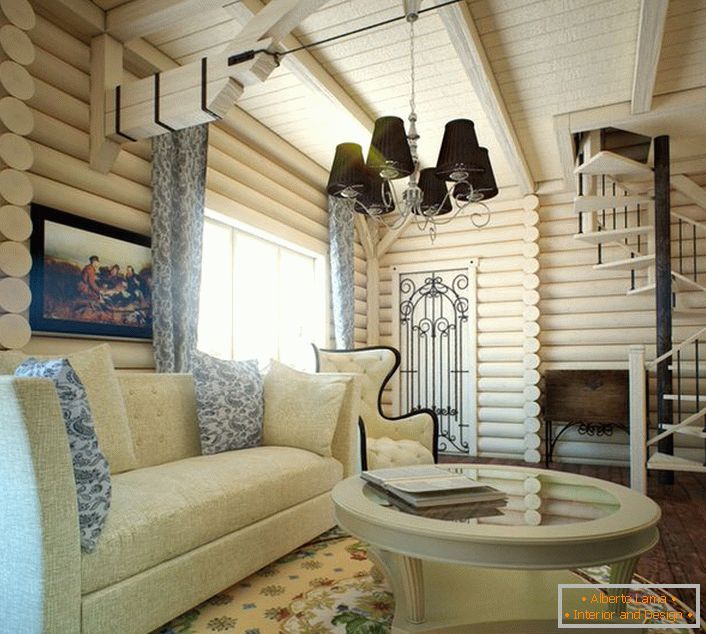 Стаята за гости в модерен селски стил е украсена с килим с цветен модел и картина с тематичен образ. 