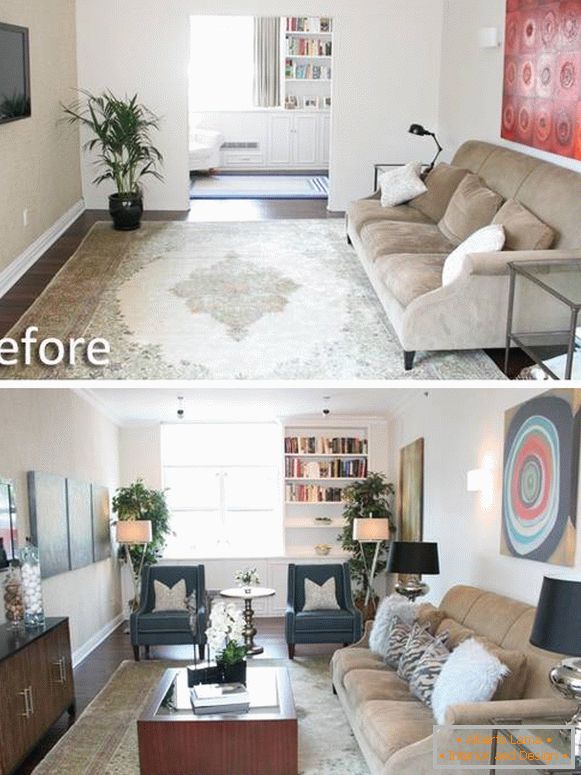 Снимка на хола в частна къща преди и след